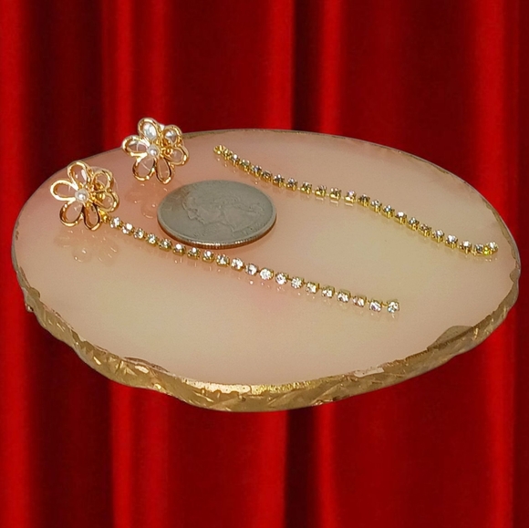 Gold Flower Rhinestone Linear Drop Earrings Pearl Luxe Bling Modern Retro Glam - Picture 9 of 15